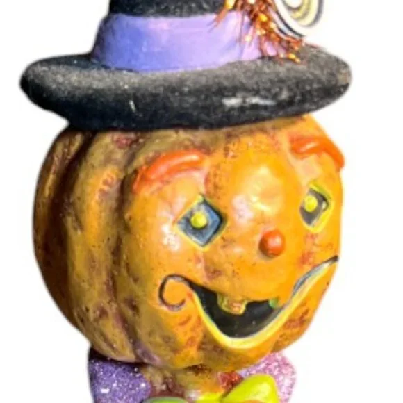 Folk Art Pumpkin Figurine Halloween Flocked Hat Whimsical Suit 12.5" tall x 6" d - Picture 3 of 16